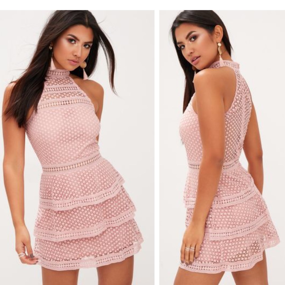 PLT dusty pink lace panel tiered bodycon dress